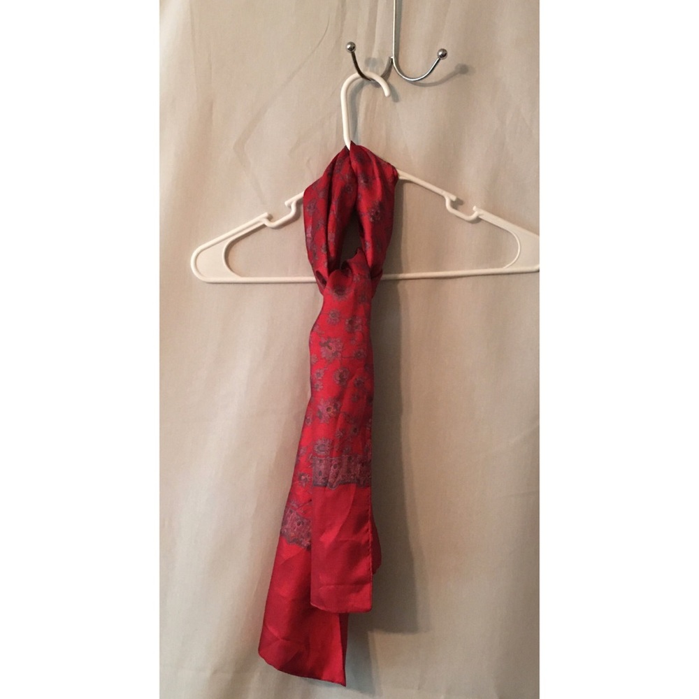 Satiny red scarf unknown fiber content